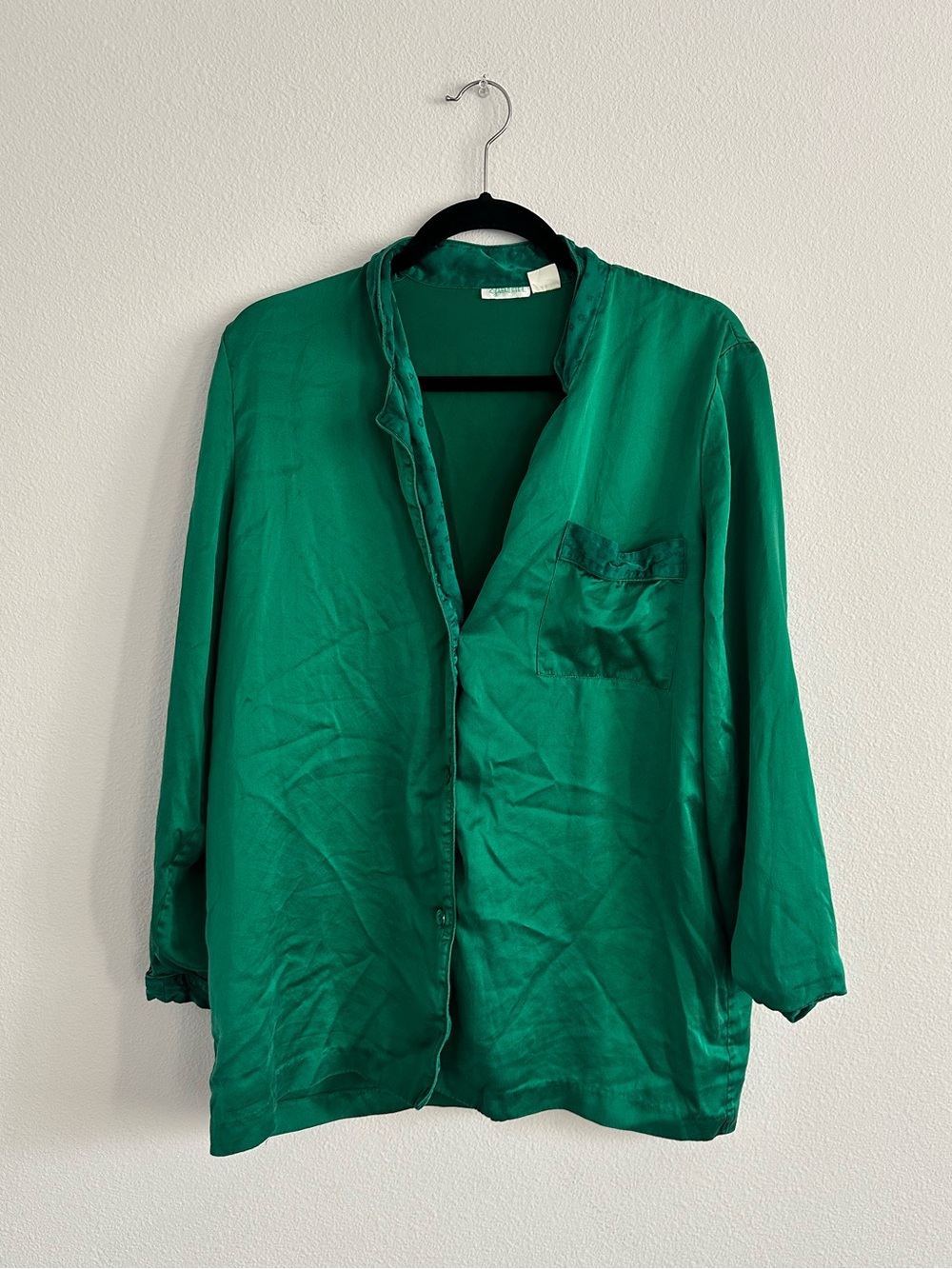 VTG Women’s Galadriel 100% Silk Blouse Top Emerald Green Leopard Jacquard Sz M